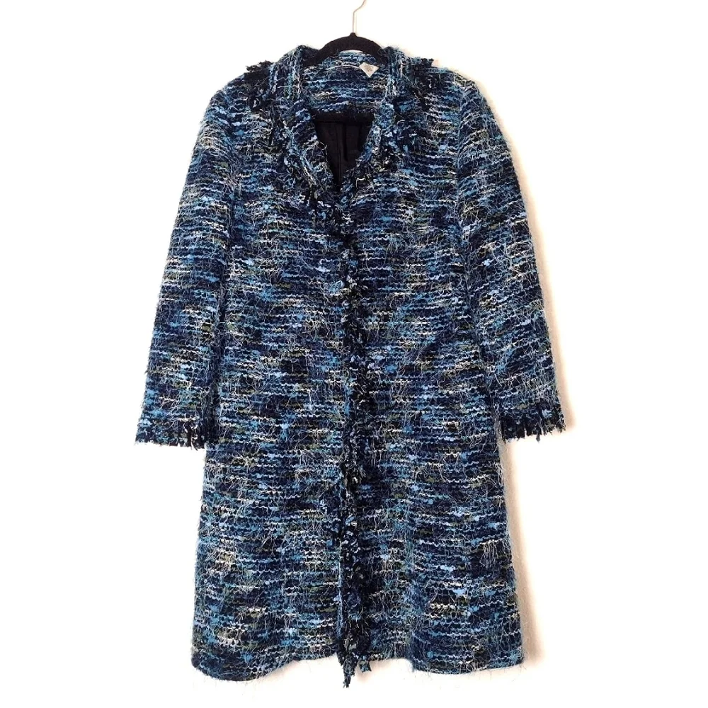 Laura Ashley Y2K Boucle Eyelash Fringe Coat Blue Green Black Stripe Size M